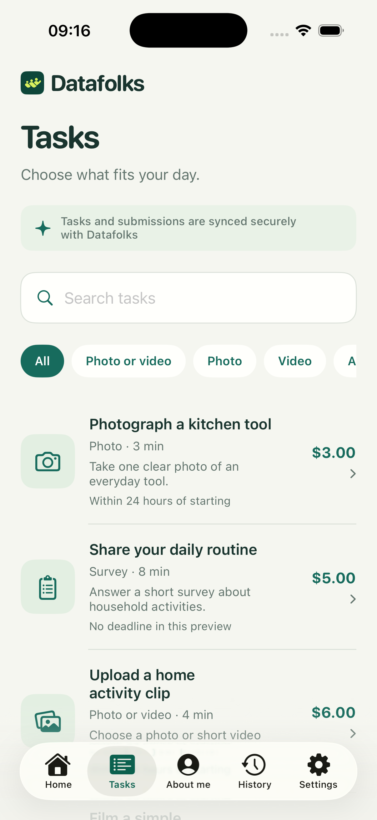 Datafolks available tasks screen